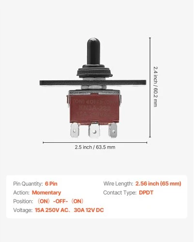 VEVOR Momentinis perjungimo jungiklis, 6 kontaktų, (ON)-Off-(ON), 12 V/30 A, 250 V/15 A, su montavimo skydeliu