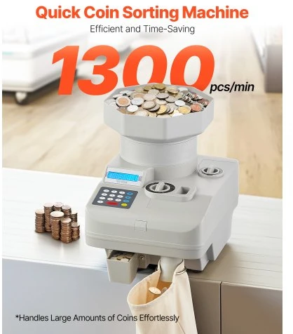 VEVOR Monetų skaičiuoklė ir rūšiuoklė su LED ekranu, iki 11 000 monetų, automatinė