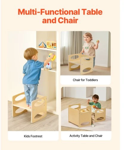 VEVOR Montessori nujunkymo staliukas ir kėdutė, natūralios medienos, 1–5 m.