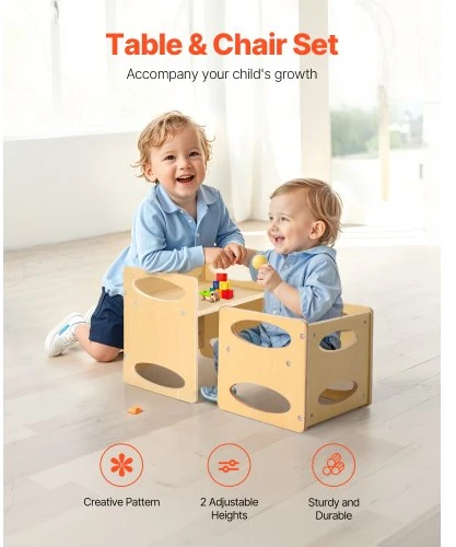 VEVOR Montessori nujunkymo staliukas ir kėdutė, natūralios medienos, 1–5 m.