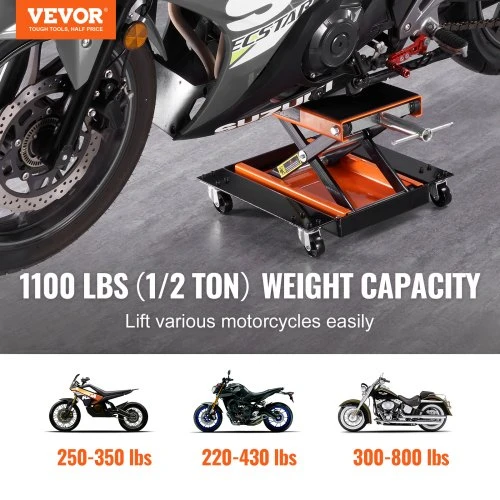 VEVOR Motociklo ir ATV keltuvas, žirklinis domkratas su vežimėliu, 499,5kg, plati platforma, rankinė rankena