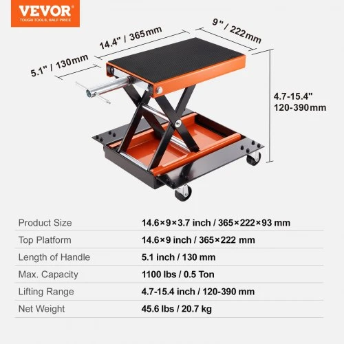VEVOR Motociklo ir ATV keltuvas, žirklinis domkratas su vežimėliu, 499,5kg, plati platforma, rankinė rankena