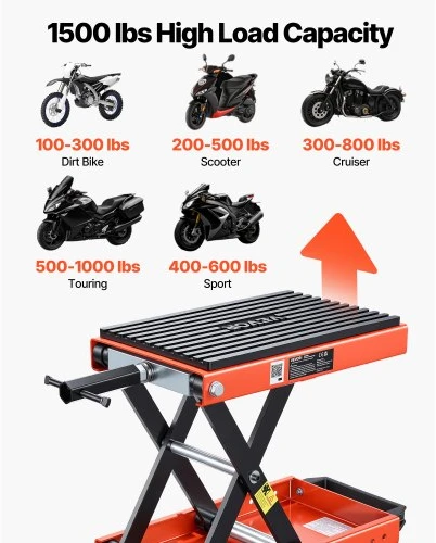 VEVOR Motociklo keltuvas, 680 kg žirklinis kėliklis su plačia platforma ir fiksavimo kaiščiu, 105–350 mm