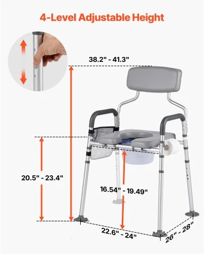 VEVOR Naktinis tualeto krėslas, 227 kg, 4 viename, reguliuojamas, su paminkštinta sėdyne ir atlošu