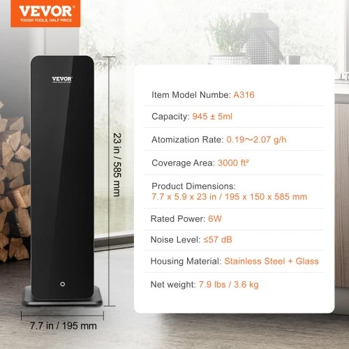VEVOR Namų kvapų aparatas, 950 ml, Bluetooth, šaltų oro technologija, 3000 sq.ft, pastatomas