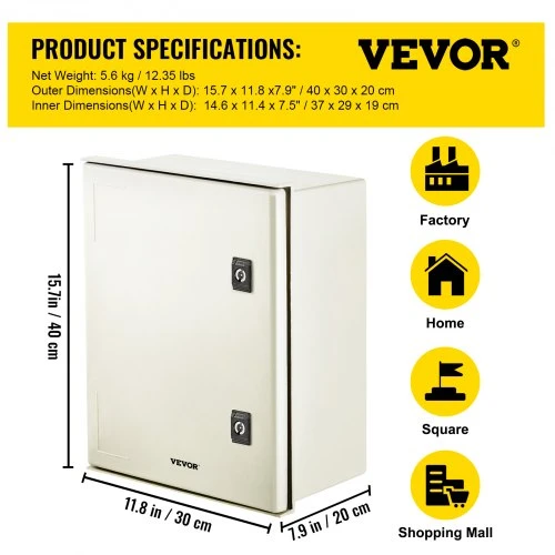 VEVOR NEMA 4X stiklo pluošto elektros dėžė, 40 x 30 x 20 cm, IP66, su montavimo plokšte