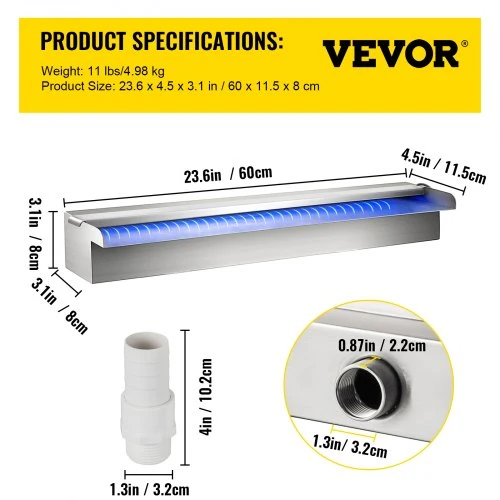 Koduva VEVOR nerūdijančio plieno baseino krioklio spillway su LED juosta, 60 x 11,5 x 8 cm