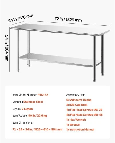 Koduva VEVOR nerūdijančio plieno darbinis stalas, 61x183 cm, su reguliuojama apatine lentyna