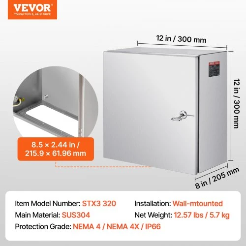 VEVOR Nerūdijančio plieno elektros dėžė NEMA 4X, 300 x 300 x 200 mm, IP66, su montavimo plokšte