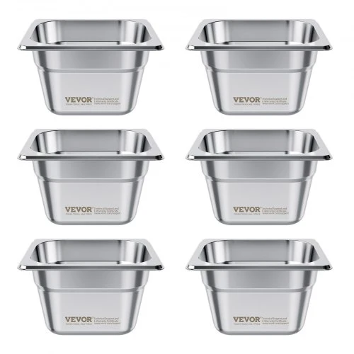 VEVOR Nerūdijančio plieno gastro indai, 1/6 dydis, 100 mm gylio, 1,7 l, 6 vnt.
