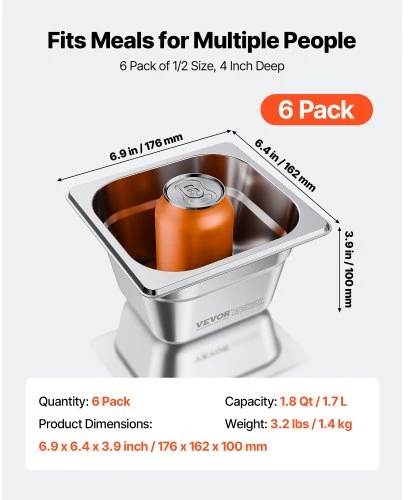 VEVOR Nerūdijančio plieno gastro indai, 1/6 dydis, 100 mm gylio, 1,7 l, 6 vnt.