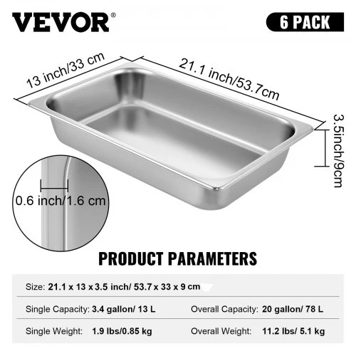 Koduva VEVOR nerūdijančio plieno hotelinis indas, 6 vnt., 13 l, gilus, 537 x 330 x 90 mm
