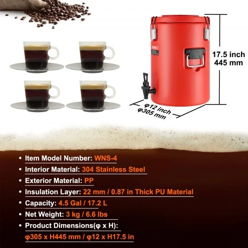 VEVOR Nerūdijančio plieno izoliuotas gėrimų dispenseris, 17,2 l, su čiaupo rankena