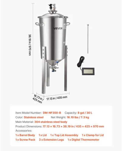 VEVOR Nerūdijančio plieno kūginis fermenteris, 30 l, namų alaus ir vyno fermentacijai