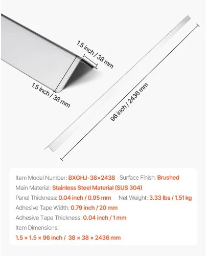 Koduva VEVOR nerūdijančio plieno sienos kampų apsauga, 38 x 38 x 2436 mm, 10 vnt., 304 plienas, su 3M juosta