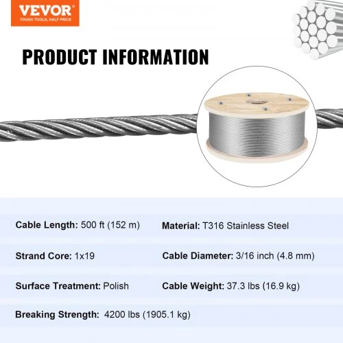 VEVOR Nerūdijančio plieno vielinis lynas, 152 m, 4.8 mm