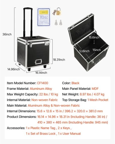VEVOR Nešiojama dokumentų dėžė, 396,2 x 320 x 381 mm vidinis dydis, rakinamas mobilus dėklas su teleskopine rankena