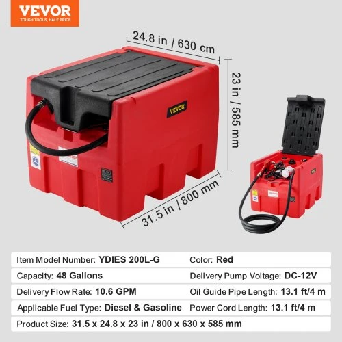 VEVOR Nešiojama dyzelino ir benzino talpa su 12 V perkėlimo siurbliu, 181,7 l