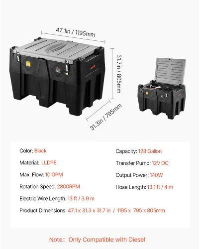 VEVOR Nešiojama dyzelino talpa, 484,5 l, 10 GPM, 12 V siurblys, 4 m žarna, juoda