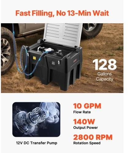 VEVOR Nešiojama dyzelino talpa, 484,5 l, 10 GPM, 12 V siurblys, 4 m žarna, juoda
