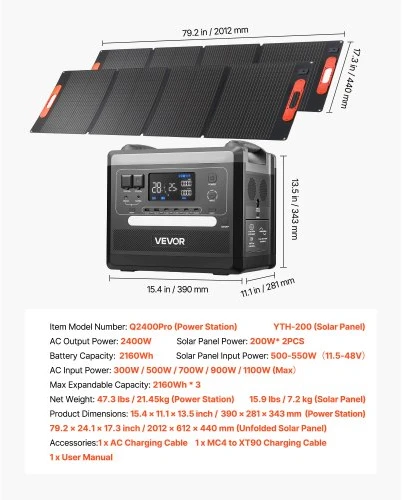 VEVOR Nešiojama elektrinė, 2400 W, su 2 x 200 W sulankstomomis saulės panelėmis, 2160 Wh, LiFePO4
