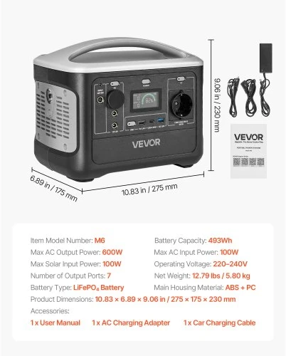 VEVOR Nešiojama elektrinė, 600 W, 493 Wh LiFePO₄, 7 išvesties prievadai