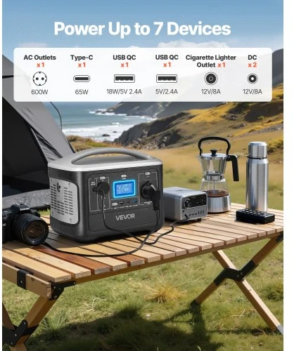 VEVOR Nešiojama elektrinė, 600 W, 493 Wh LiFePO₄, 7 išvesties prievadai