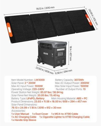 VEVOR Nešiojama elektrinė su 2 x 200 W saulės panelėmis, 3000 W, 3072 Wh