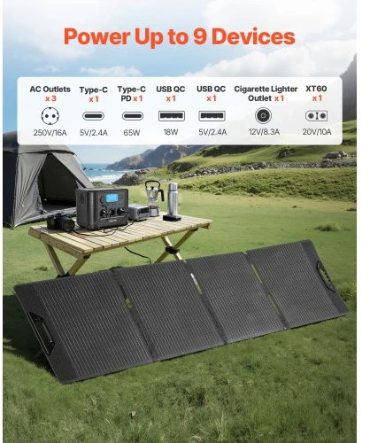 VEVOR Nešiojama elektrinė su 200W saulės paneliu, 1200W saulės generatorius, 806Wh LiFePO4, 9 išvestys