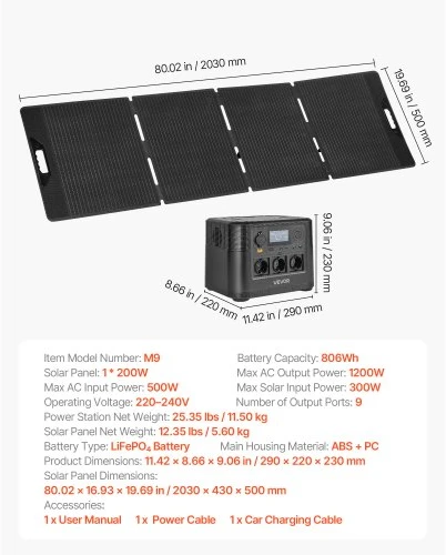 VEVOR Nešiojama elektrinė su 200W saulės paneliu, 1200W saulės generatorius, 806Wh LiFePO4, 9 išvestys