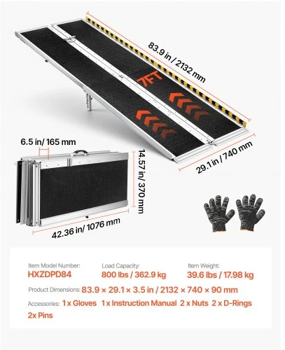 VEVOR Nešiojama neįgaliųjų vežimėlio rampa, 2135 mm, sulankstoma aliuminio, neslystanti, 800 lbs