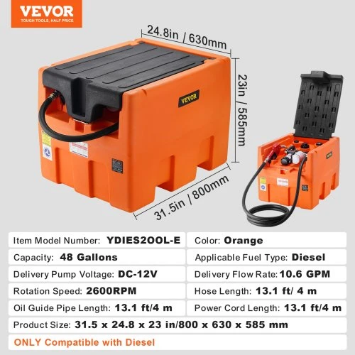 VEVOR Nešiojamas dyzelino bakas 181,7 l su 12 V elektriniu perpylimo siurbliu