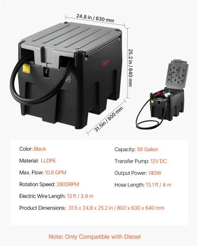 VEVOR Nešiojamas dyzelino bakas, 220 l, 10 GPM, 12 V elektrinis siurblys, 4 m žarna, juodas