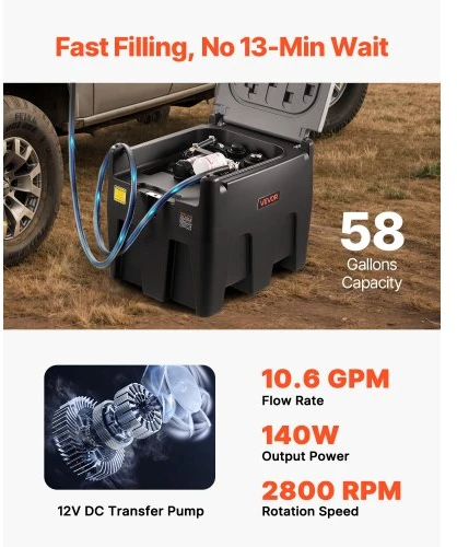 VEVOR Nešiojamas dyzelino bakas, 220 l, 10 GPM, 12 V elektrinis siurblys, 4 m žarna, juodas