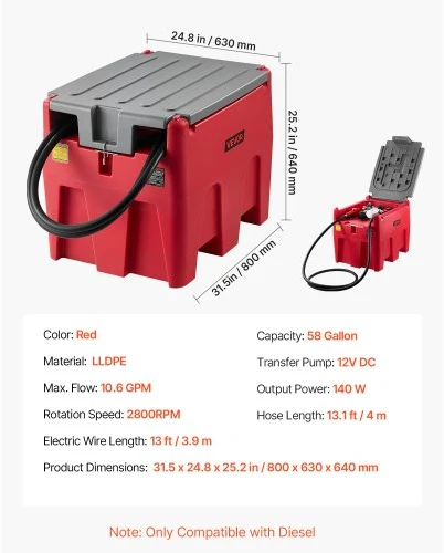 VEVOR Nešiojamas dyzelino bakas, 220 l, 10,6 GPM, 12 V elektrinis siurblys, 4 m žarna, raudonas
