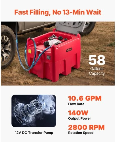 VEVOR Nešiojamas dyzelino bakas, 220 l, 10,6 GPM, 12 V elektrinis siurblys, 4 m žarna, raudonas