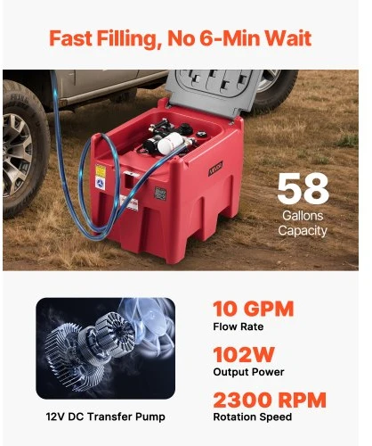 VEVOR Nešiojamas dyzelino ir benzino bakas, 220 l, 10 GPM, 12 V elektrinis siurblys, raudonas
