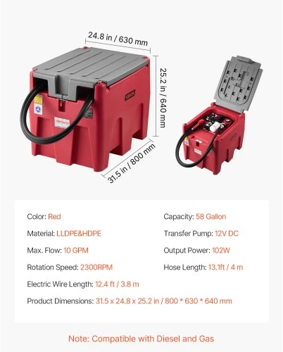 VEVOR Nešiojamas dyzelino ir benzino bakas, 220 l, 10 GPM, 12 V elektrinis siurblys, raudonas