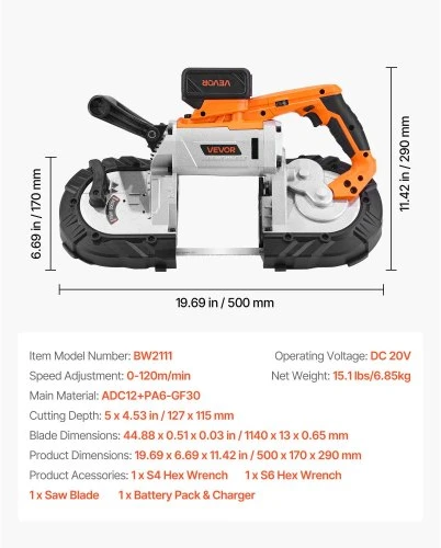 VEVOR Nešiojamas juostinis pjūklas BW2111, 20 V, 360 W, 500 x 170 x 290 mm