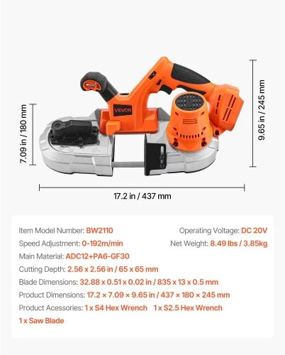 VEVOR Nešiojamas juostinis pjūklas BW2110, 65 x 65 mm pjovimo gylis, 360 W, 20 V