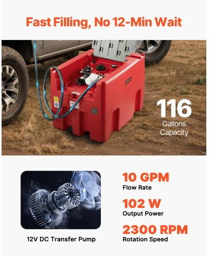 VEVOR Nešiojamas kuro perpylimo bakas 440 l, 12 V, 38 l/min, su siurbliu, 4 m žarna