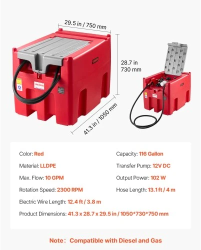 VEVOR Nešiojamas kuro perpylimo bakas 440 l, 12 V, 38 l/min, su siurbliu, 4 m žarna