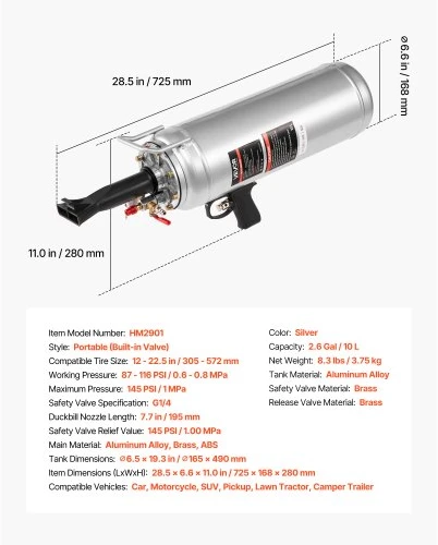 VEVOR Nešiojamas padangų borto sėdynės įrankis, 10 l, 87–116 PSI