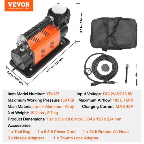 Koduva VEVOR nešiojamas padangų pripūtiklis, 150 PSI, 12 V, 7,06 CFM, YD-127