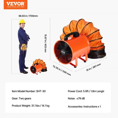 Koduva VEVOR nešiojamas ventiliatorius 300 mm, 2 greičių, 2894 CFM, oranžinis