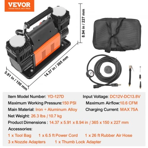 Koduva VEVOR nešiojamasis oro kompresorius YD-127D, 12V, 150 PSI, 10.6 CFM