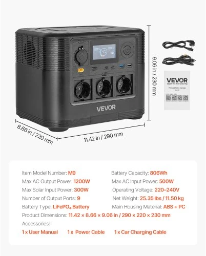 VEVOR Nešiojamoji elektros jėgainė, 1200 W, 806 Wh, LiFePO4, 9 išvestys, M9