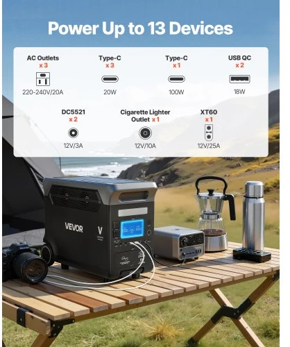 VEVOR Nešiojamoji elektros stotis, 3000 W, 3072 Wh LiFePO₄, 13 išėjimų