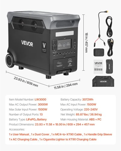 VEVOR Nešiojamoji elektros stotis, 3000 W, 3072 Wh LiFePO₄, 13 išėjimų