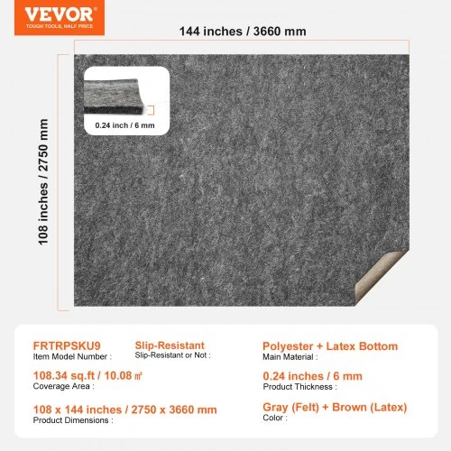 Koduva VEVOR neslystantis kilimo padas, apsauginis amortizacinis kilimėlis 9' x 12', 1/4" storio, dvipusis, pilkas